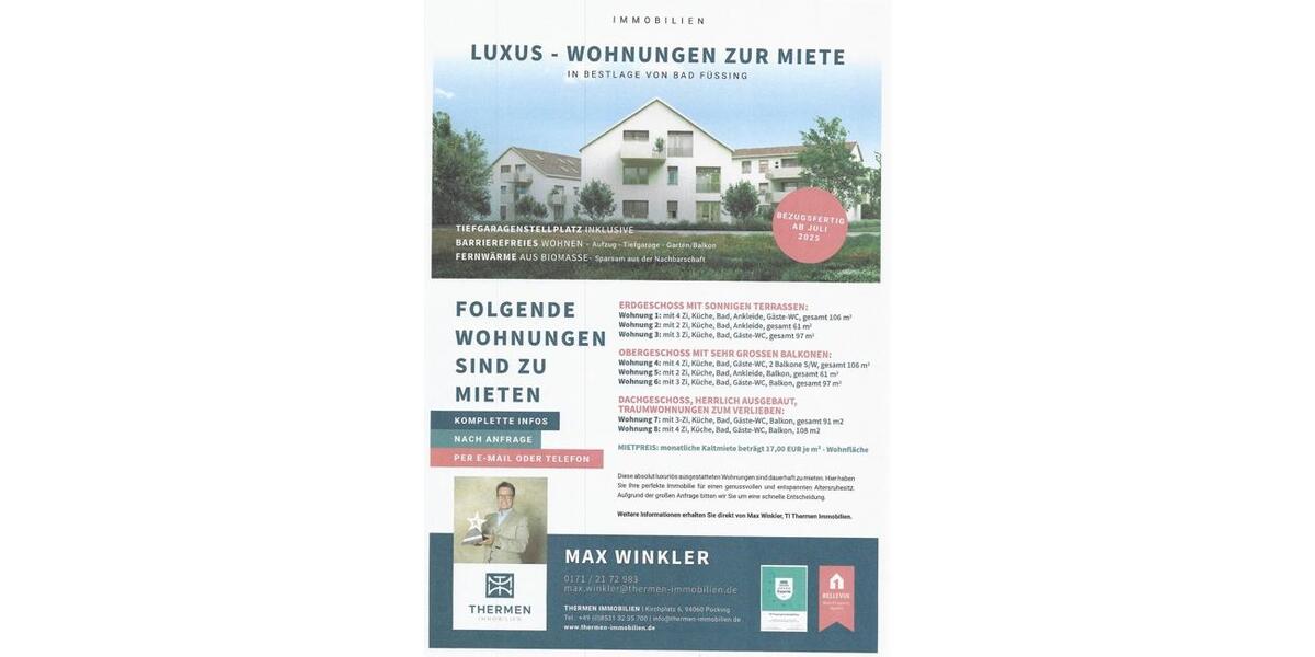 Dachgeschoßwohnung Bad Füssing - 4 Zimmer, 107 m&sup2;, 1.819&euro; | Angebot:23672331