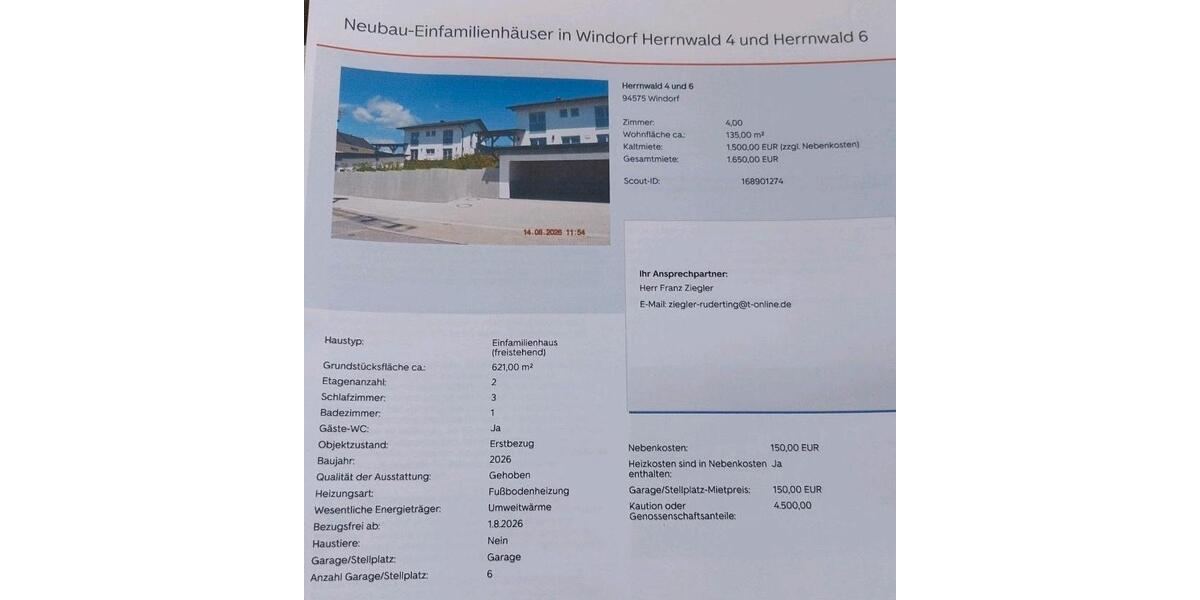 Einfamilienhaus Windorf - 4 Zimmer, 135 m&sup2;, 1.500&euro; | Angebot:27615606