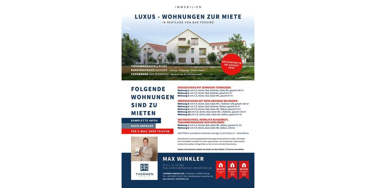 Erdgeschoßwohnung Bad Füssing - 3 Zimmer, 97 m&sup2;, 1.650&euro; | Angebot:22240011