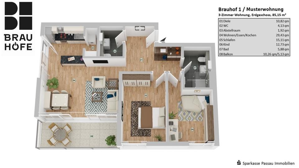 Erdgeschoßwohnung Passau Mühltal - 3 Zimmer, 85 m&sup2;, 1.270&euro; | Angebot:24794024